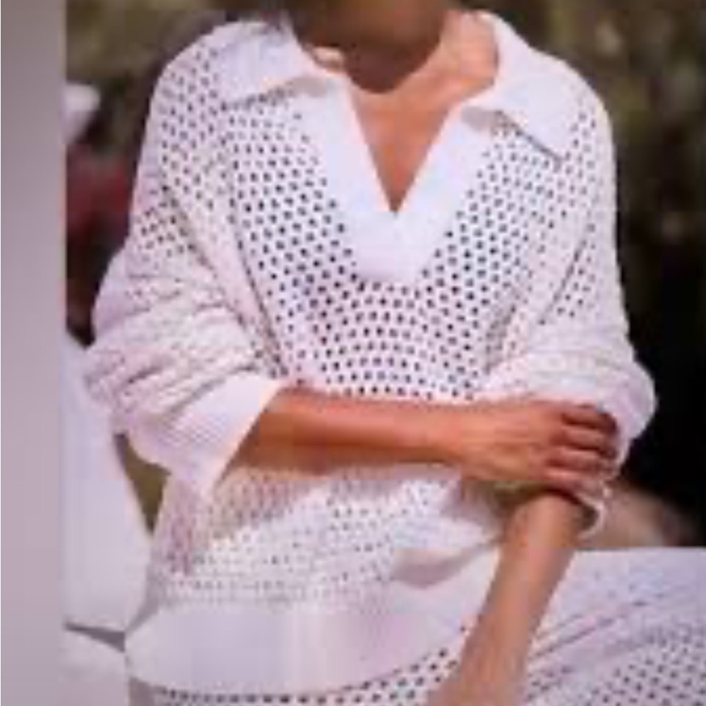 Aerie White V-Neck Open Knit Sweater NWT